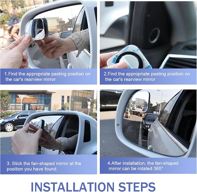 2 PCS Car Blind Spot Mirrors, HD Frameless Glass Blind Spot Side Mirrors, Fan Shaped Rotatable Wide Angle Rearview Looking Glass, Universal Vehicle Reflective Assist Accessories (Sliver)