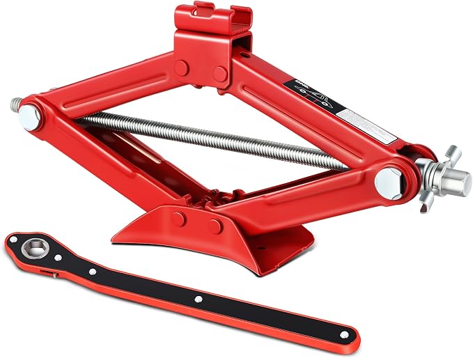 1.5 Ton (3,306 lbs) Scissor Lift Jack with Labor-Saving Ratchet Wrench for Most Cars, 4'' - 15.2'' Lifting Range, Red, TOOLS-00477