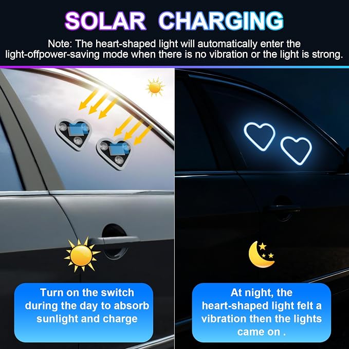 Heart-Shaped LED Neon Light | Solar and USB Rechargeable | 2 Pack Blue Car Interior Lights with Suction Cups | 40 High-Brightness LEDs Car Ambient Light, 5 Modes