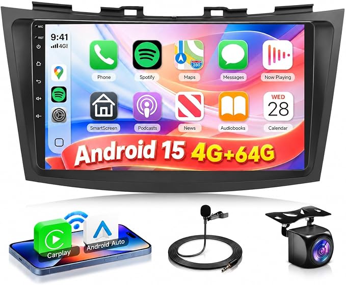 4G+64G Car Radio for Suzuki Swift 2011-2017, Android Car Stereo Carplay Android Auto EQ 9 Inch Touchscreen Bluetooth FM RDS GPS WiFi Mirror Link Backup Camera