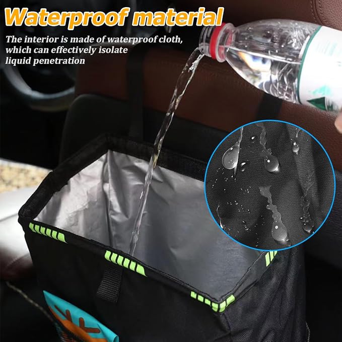 Car Trash Bag, Leak-Proof Large Capacity 3.4 Gallons Hanging Vehicle Trash Bin with Storage Pocket, Multipurpose Portable Auto Garbage Bag for Travel, UniversalFit (Black/Green)