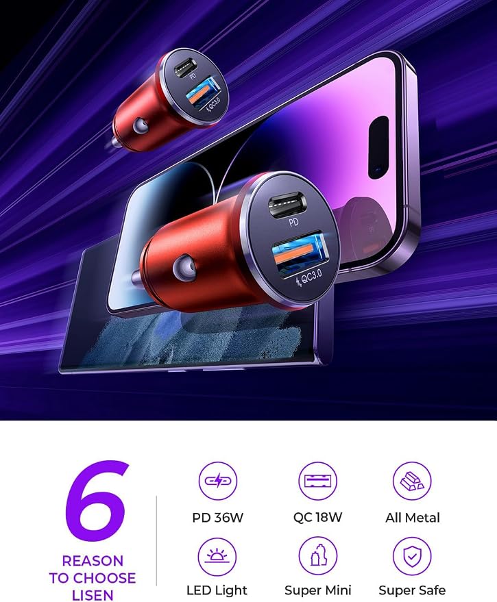 2-Pack USB C Car Charger Adapter Fast Charge, 48W All Metal Cigarette Lighter USB Charger for iPhone 15 Smallest Flush Car Charger USB C for iPhone 14 Pro Max 13 12 Galaxy S23/22 iPad Pro-Red | Cigarette Lighter USB Charger, Car Accessories for M...