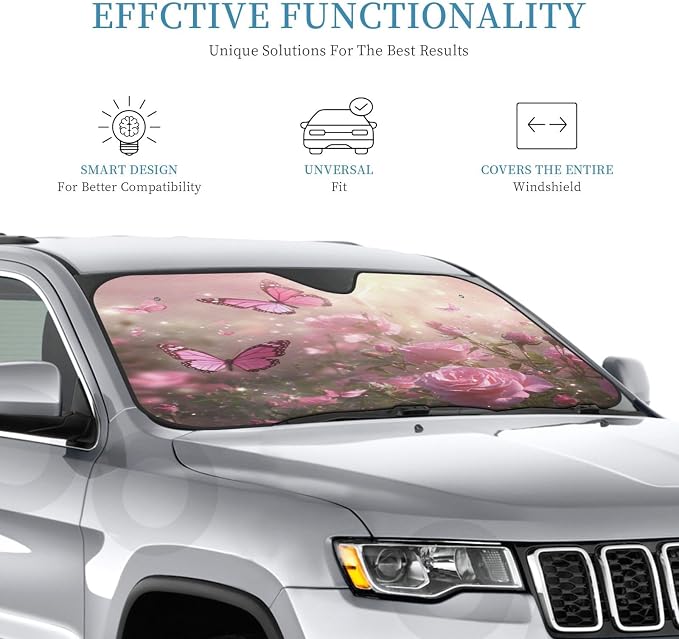 Windshield Sun Shade Rose Flower Garden Butterfly Car Front Window Sunshade Cover for Truck SUV Blocks UV Rays Automotive Visor Interior Protector 51 x 27.5 inch