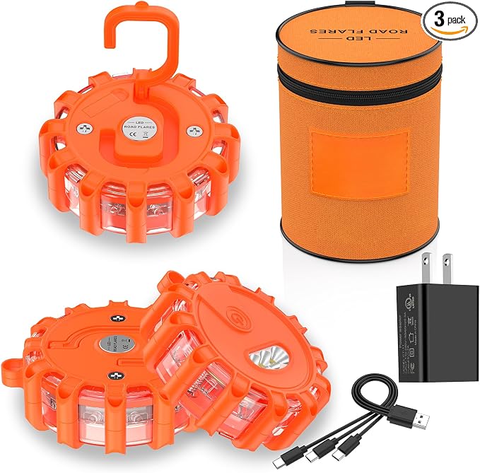 Meliya USB Rechargeable LED Road Flares Emergency Lights with Magnetic Base, 9 Strobe Options Roadside Emergency Warning Car Safety Beacon Flashing Disc Flare Kit for Vehicles & Boat