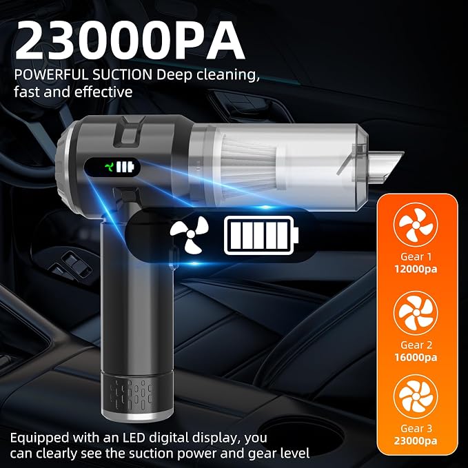 Handheld Vacuum Cleaner Cordless, 23000Pa Powerful Car Mini Vacuum Cleaner, Rechargeable Portable Lightweight dust Catcher for Home Car Carpet Stairs Pet Hair Deep Cleaning（Black-Silvery）