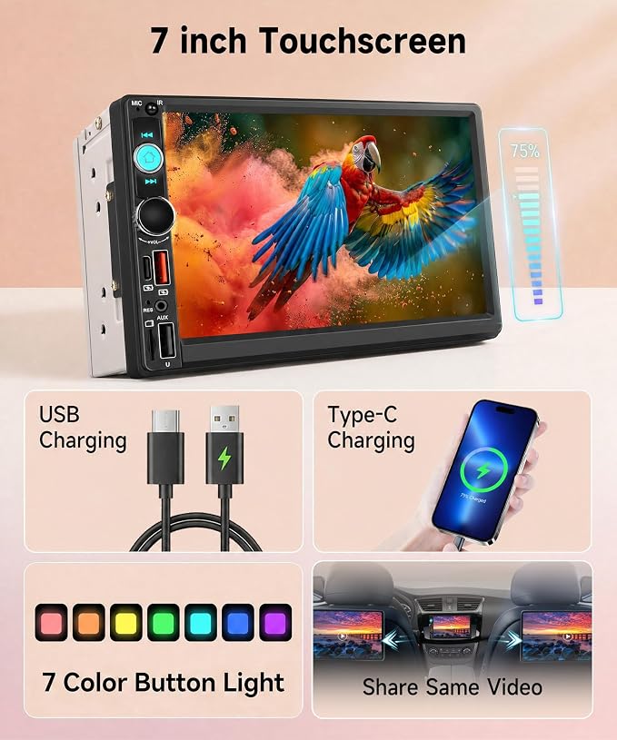 7 Inch Double Din Car Radio Stereo, Wireless CarPlay Android Auto, 2 Din Touchscreen Carplay Stereo, Bluetooth FM/AM/RDS EQ, USB Type-C SWC, Backup Camera