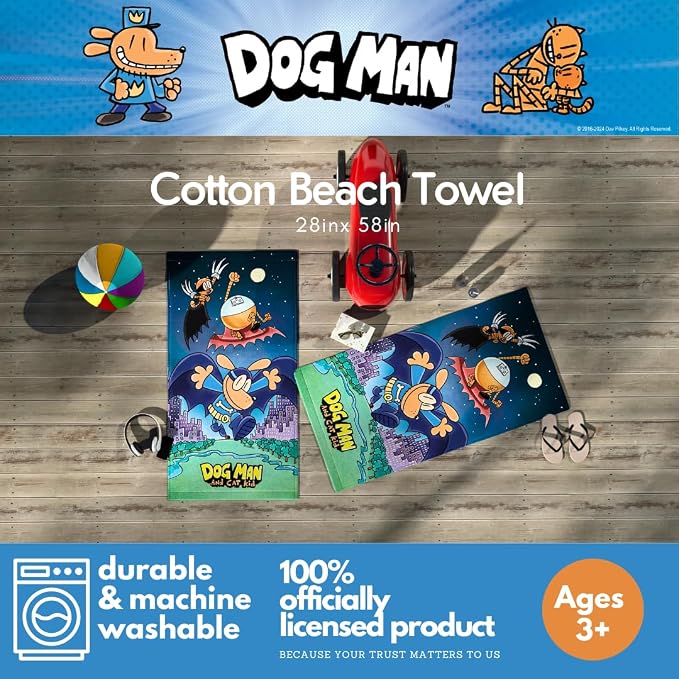 Dog Man Supa Cop & Petey Book Kids Super Soft Cotton Bath/Pool/Beach Towel, 58 in x 28 in, (Offically Licensed Product) By