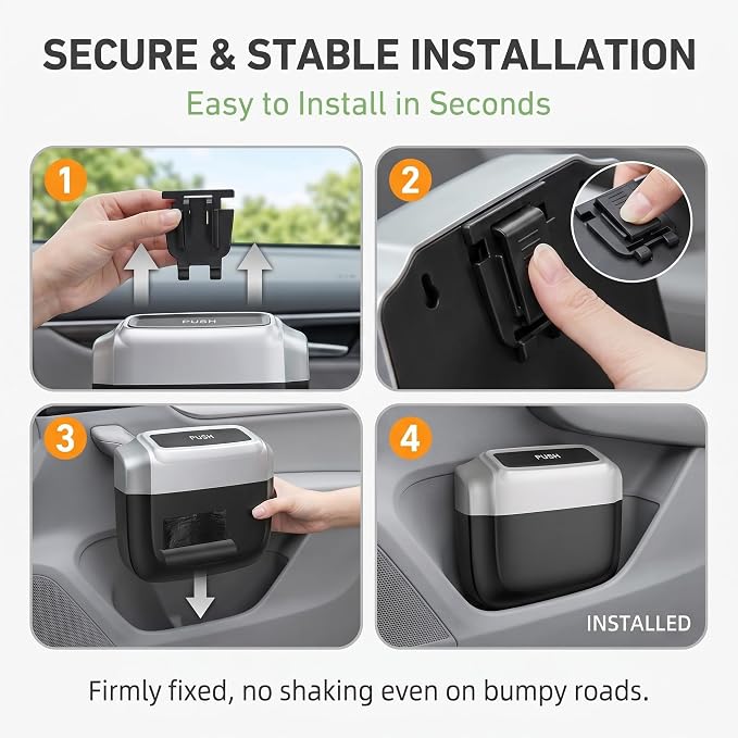 Car Trash Can with Lid, Waterproof Push-Open Garbage Box with 30 Trash Bags, Portable Hanging Door Side Storage Bucket, Large Capacity Organizer for Most Cars Trucks Vans (Silver)