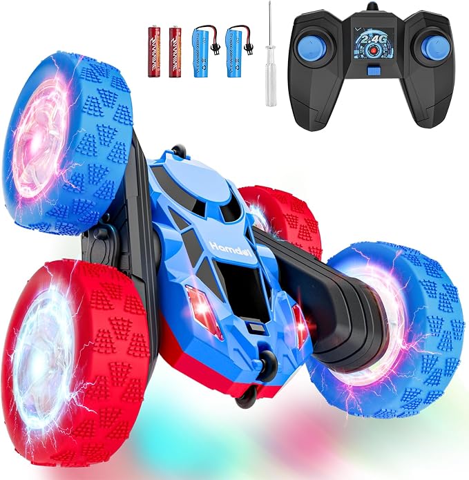 Remote Control RC Car for Kids 6-12, High-Speed 4WD Stunt Car with LED Lights & 360° Rotation, 2.4GHz Off-Road Vehicle Toy with Rechargeable Battery, Cool Valentines and Birthday Gift for Boys