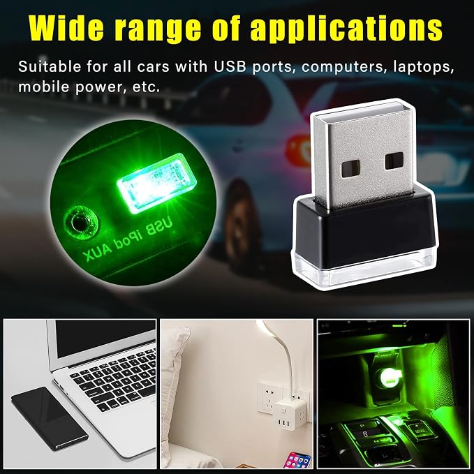 4 PCS USB LED Car Interior Atmosphere Lamp, Plug-in USB Decor Night Light, Portable Auto Ambient Lighting Kit, Universal Vehicle Interior Accessories for Most Cars (Green)