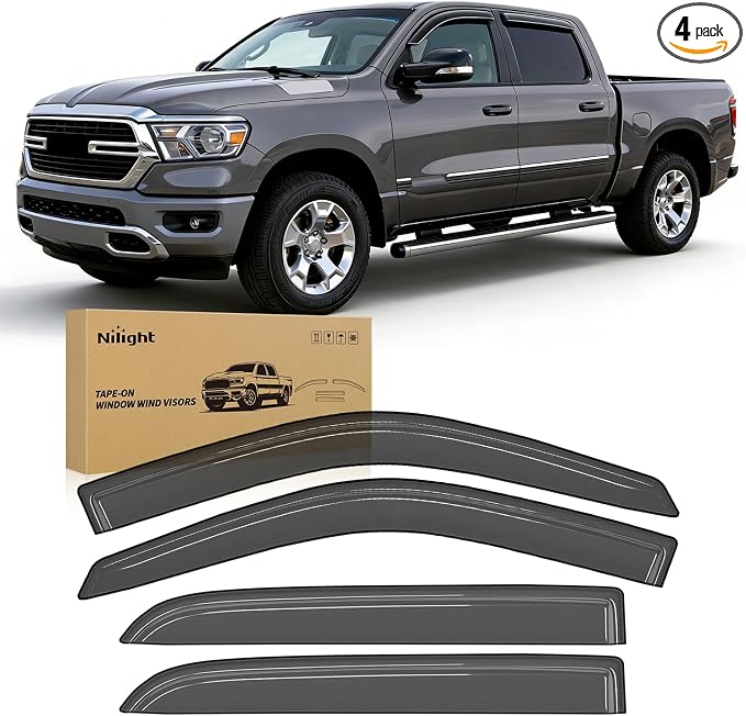 Tape-On Window Visors for Ram 1500 Crew Cab (New Body Style) 2019 2020 2021 2022 2023 2024 2025, Outside Mount Rain Guards Vent Visors Window Deflectors, Smoke Tint, 4PCS