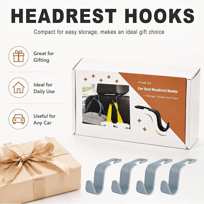 Car Seat Hooks for Headrest 4 Pack, Car Seat Back Storage Hook, Universal Vehicle Headrest Hanger for Purse, Handbag, Coat, Umbrella, Grocery Bags, Practical Interior Accessories