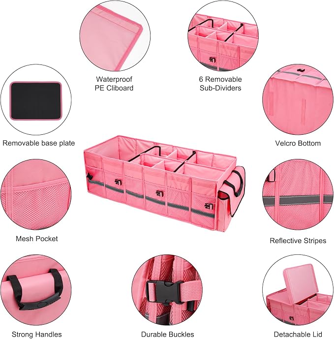Car Trunk Organizer and Storage with Lid & Removable Cooler Bag, Car Accessories 6 Removable Dividers for Custom Space, Collapsible Trunk Organizers Interior for SUV & Sedan, Large