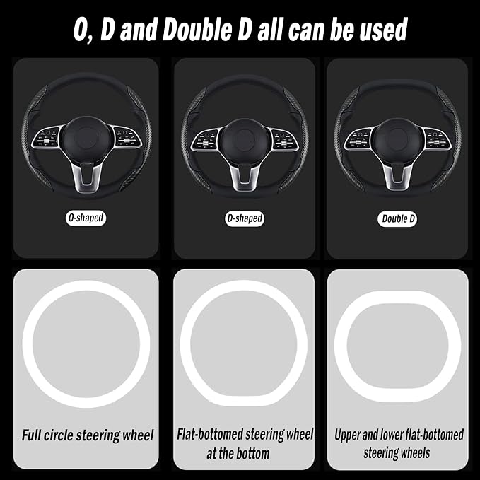 2Pc Carbon Fiber Steering Wheel Cover Universal Fit 99% Cars | Non-slip soft grip, easy to wipe clean, quick to install, perfect for daily commutes and road trips, Black