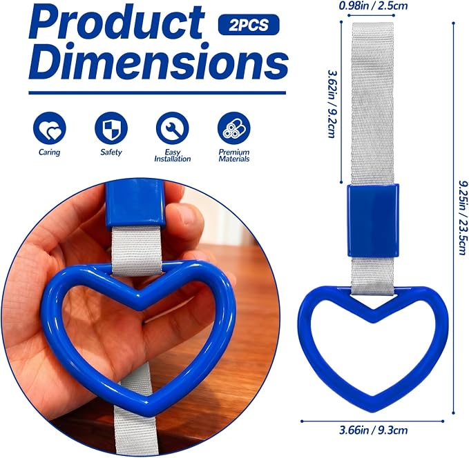 2 Pcs Heart Shaped Car Handle Strap – JD M Drift Charm Rear Bumper Warning Ring Decor for Car Interior Exterior, Subway Bus Handle Accessory, Cute Heart Car Decor Gift for Drivers (Blue-Silver)