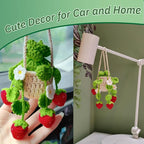 Crochet Hanging Plant for Car,Car Decorations Interior,Plant Strawberry Aesthetic Car Accessories for Women Interior Cute,Car Ornaments Charms for Rear View Mirror,Boho Car Decoration Gifts