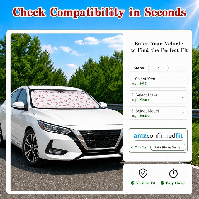 Car Windshield Sun Shade, Universal Fit Compact Sedan SUV, Cute Heart Bow | 59 x 27.5" Car Sun Visor, Foldable Front Window Sunshade, UV Heat Protection, Girly Bow Series