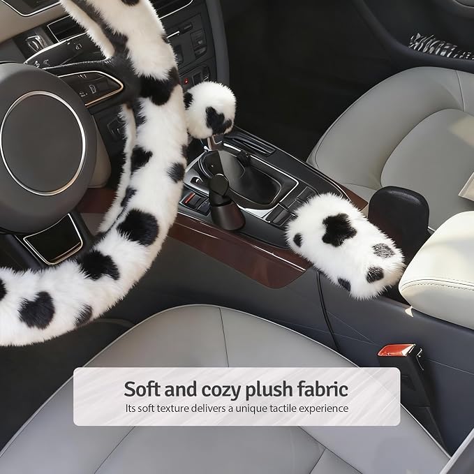 Fluffy Steering Wheel Cover 3PCS Set – Plush Fuzzy Fur Steering Wheel Cover with Gear Shift Cover & Handbrake Cover, Winter Warm Car Accessories, Car Interior Accessories for Women (Cows)