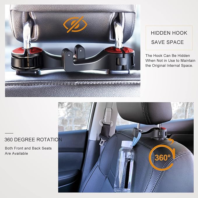 Car Headrest Hook with Phone Holder, Universal 360 Rotation Headrest Hooks for Purses and Bags (Red)