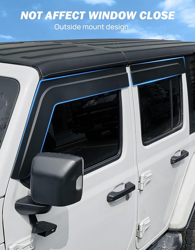 Outside Mount Rain Guards Compatible with 2018-2026 Wrangler JL JLU & Gladiator JT 4-Door, Side Window Deflectors Low-Profile Smoke Matte Style Window Vent Visors, 4 Pieces