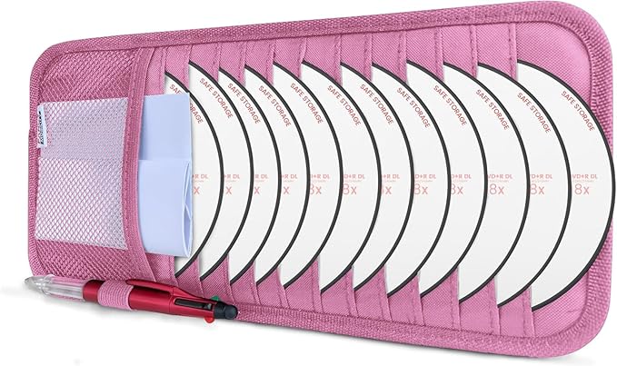 CD Case Holder for Car - Sun Visor Organizer for 12 CD’s/Dvd’s, 1 Mesh Pocket & 1 Horizontal Pen Holder - Safe, Ergonomic Design (Pink)