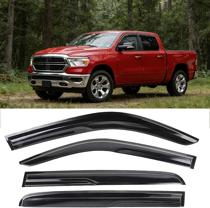 Window Visors Rain Guards for 2019-2026 Ram 1500 Crew Cab, Tape-on/Outside-Mount Window Wind Deflectors Vent Visors Shade for 19-26 Ram 1500 Crew Cab,4PCS, UV Resistant & Reduce Wind Noise