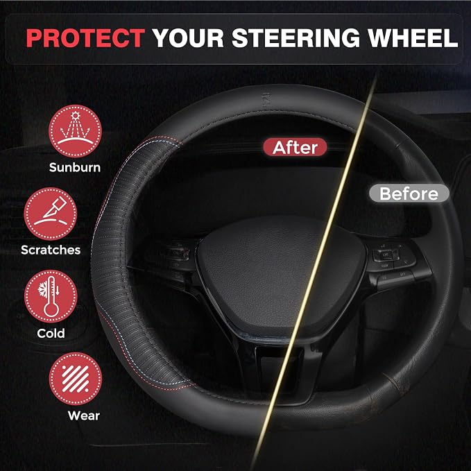 Car Steering Wheel Cover, Microfiber Leather Steering Wheel Covers with Anti-Slip Lining, Breathable Elastic Car Steering Wheel Protector, Universal Standard Size 14-15 inch