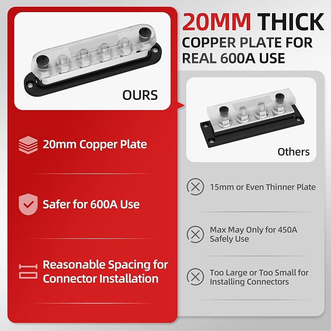 600A Power Distribution Block 12V Bus Bar Terminal Block 6 x 3/8" Terminal Studs 12 Volt Marine Bus Bar with Cover Positive & Negative for Automotive Car Boat Solar System