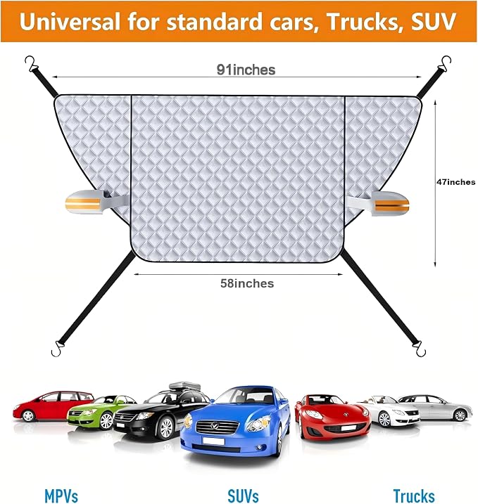 All-Weather Windshield Cover for Winter Ice & Snow and Summer Sun, 4-Layer Windproof Windshield Protector with Mirror Covers & Door Flaps, Universal Fit for Cars SUVs Trucks Vans (91” x 47”)