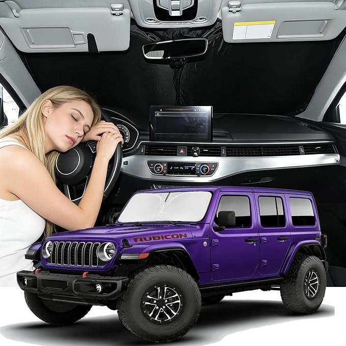 Windshield Sunshade for Jeep Wrangler JL JKU 4XE 4&2 Door 2018-2026 & Jeep Gladiator JT 2020-2026 Sun Shade Upgrade 4 Layers Blocks UV Rays Custom Fit Wrangler Front Windshield Keep Cool