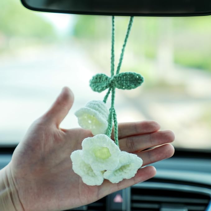 Lily Flower Handmade Knitted Car Mirror Hanging Accessories, Rear Riew Mirror Accessories Car Decorations for Women Men