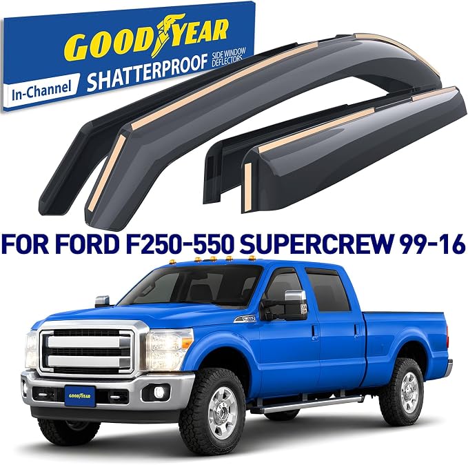 Goodyear Shatterproof in-Channel Window Deflectors for Ford F250 to F550 Super Duty 1999-2016 SuperCrew, Rain Guards, Window Visors for Cars, Vent Deflector, Car Accessories, 4 pcs - GY008129