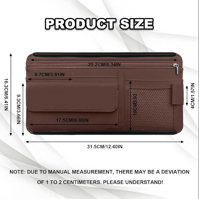 Car Sun Visor Storage Bag, Soft Leather Surface Organizer, Scratch-Resistant Auto Sunshade Organizer Bag, Can Store ID Card, Eyeglasses, Pen, Driving License etc (Brown)