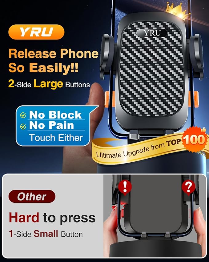 YRU True Military-Grade Shock Mounting Kits [360° Rotation Suction] 2026 Ultimate Car Phone Holder Mount【90+LBS Safest Strongest & Patent Certs】 Dash Windshield for iPhone 17 16 Pro Max, Gloss Black