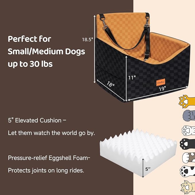 Dog Car Seats for Small Medium Dogs Up to 35lbs | Elevated Dog Booster Seat with Detachable Washable Cover & Cushion | Memory Foam Pet Car Travel Seat with Safety Belt and Storage Pockets
