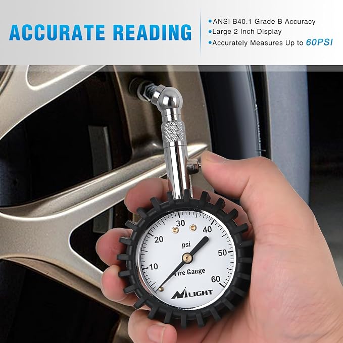 Tire Pressure Gauge 60PSI Heavy Duty Stainless Steel Air Chucks ANSI B40.1 Certified Large 2" Dial Wheel Service Checker for Truck Semi Truck ATV Motorhome Cars & RV Accessories