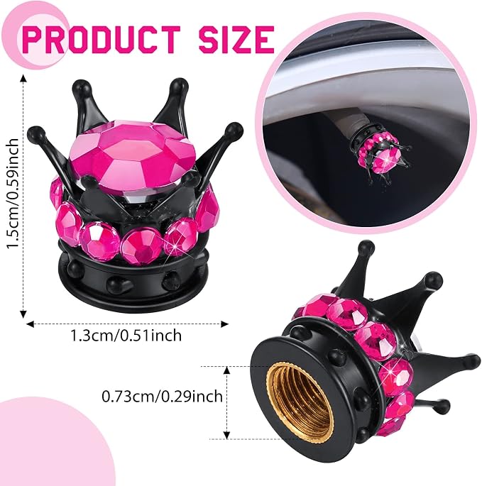 4 Pieces Crown Tire Valve Stem Caps Bling Handmade Crystal Rhinestone Universal Chrome Crown Vehicle Car Tire Caps Covers, Attractive Accessories for Car (Rose Red)