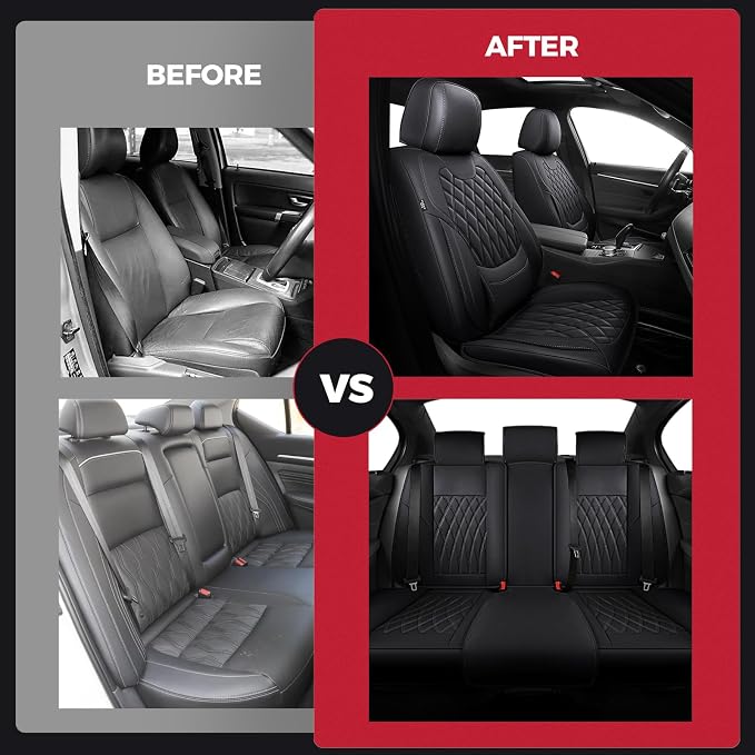 Black Car Seat Covers Full Set - Faux Nappa Leather Seat Covers for Cars, Ultra Breathable Waterproof Front Seats Protector with Lumbar Support, Universal Fit for Automotive Sedan SUVs Pickups