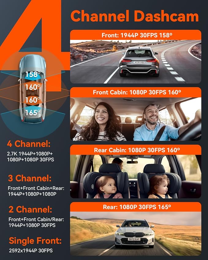 N5 4 Channel WiFi 360° All Sides Dash Cam, STARVIS 2, IR Night Vision, 2.7K+1080P*3 Front Rear Inside Dashcam, Voice Control, GPS, 24 Hours Buffered Parking Mode Dash Camera, 512GB Max (N5)