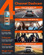 N5 4 Channel WiFi 360° All Sides Dash Cam, STARVIS 2, IR Night Vision, 2.7K+1080P*3 Front Rear Inside Dashcam, Voice Control, GPS, 24 Hours Buffered Parking Mode Dash Camera, 512GB Max (N5)