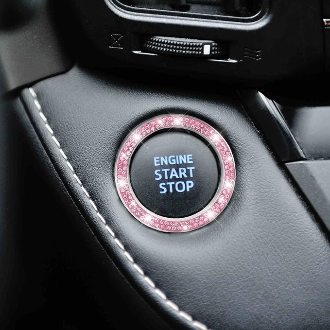 Car Bling Crystal Rhinestone Engine Start Ring Decals, 2 Pack Car Push Start Button Cover/Sticker, Key Ignition Knob Bling Ring, Sparkling Car Interior Accessories for Women (Double Pink)
