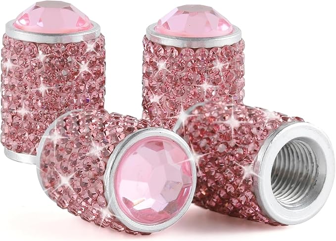 Car Wheel Tire Valve Caps, 4 PCS Bling Tire Valve Caps, Crystal Tire Caps Shinny Rhinestone for Women, Universal Car Dustproof Tire Valve Caps for Cars, Trucks, SUV and Motorcycles (Pink)