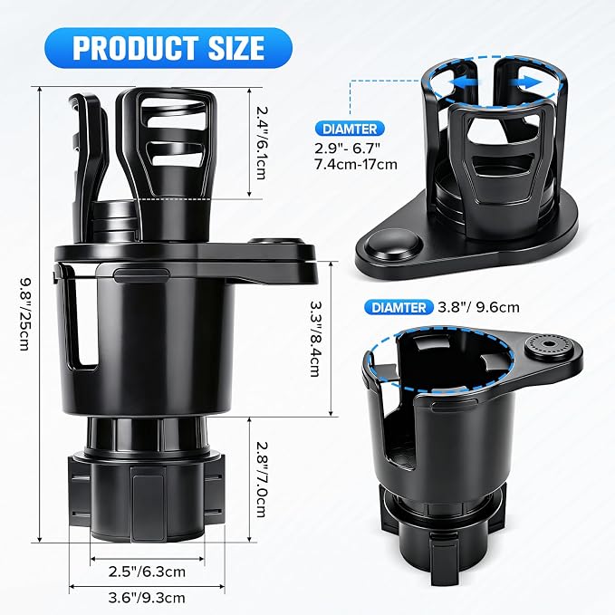 Car Cup Holder Expander, Universal 2 in 1 Large Cupholder Expander Adapter for Car with Adjustable Base, Fits Large Bottles, Snack, Drinks Cups, Black