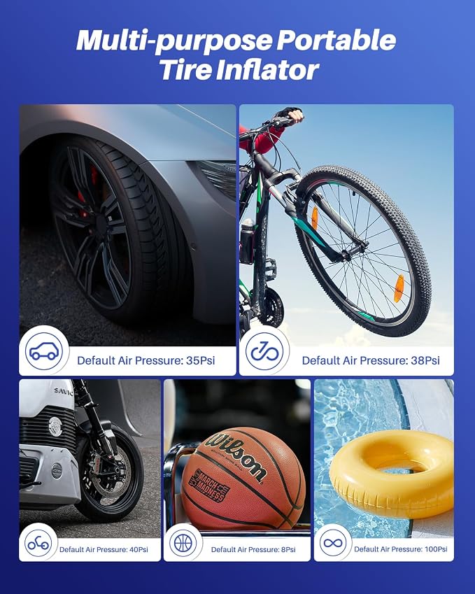 Tire Inflator Portable Air Compressor, 150PSI Air Pump for Car Tires with Tire Pressure Gauge, 3X Faster One Click Smart Cordless Tire Air Pump for Car, Motorcycle, Bike, Ball and More