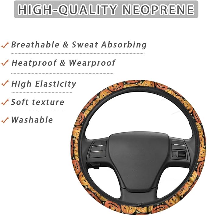 Car Steering Wheel Cover Universal 15 Inch Non-Slip Comfortable Stretch Decorative Halloween Auto Steering Wheel Protector Automobile Accessories, Pumpkin Star