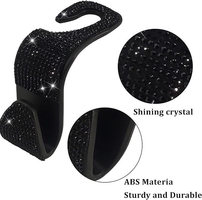 2 Pack Car Hooks, 2021 New Bling Rhinestones Crystal Hooks Car Decorations Auto Seat Back Organizers Strong and Durable Backseat Hanger Storage Universal for SUV Truck Vehicle (Black)