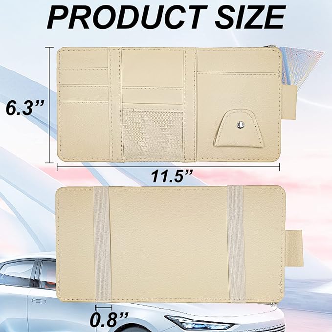 Car Sun Visor Organizer Auto Interior Accessories Pocket Organizer, Sunglasses Holder Car Truck Visor Storage Pouch for Cards, Pens and Document - Beige