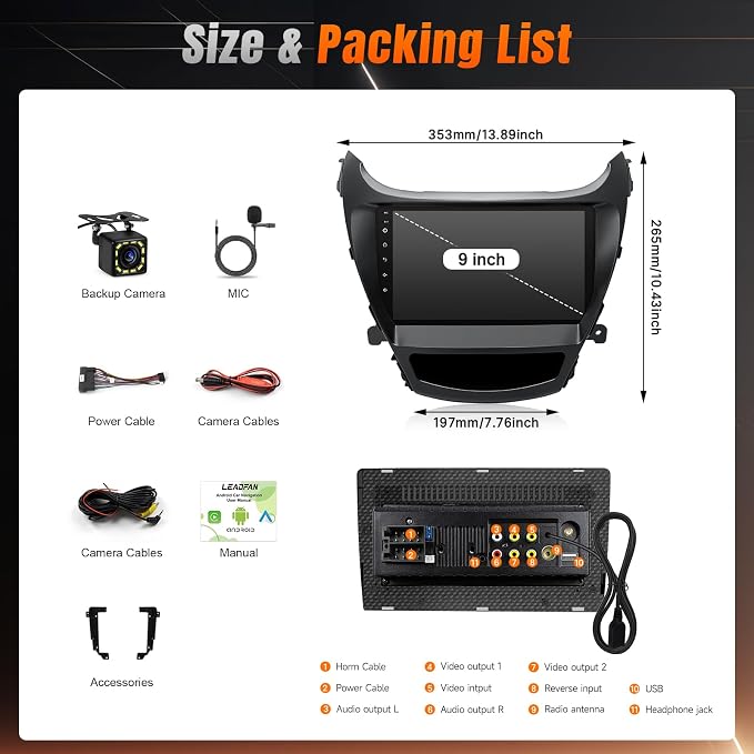 Linux Car Radio for Hyundai Elantra 2014 2015 2016 Fast Boot Stereo with Wireless Carplay Android Auto, 9 Inch Touch Screen Built-in Bluetooth SWC MirrorLink Backup Camera MIC