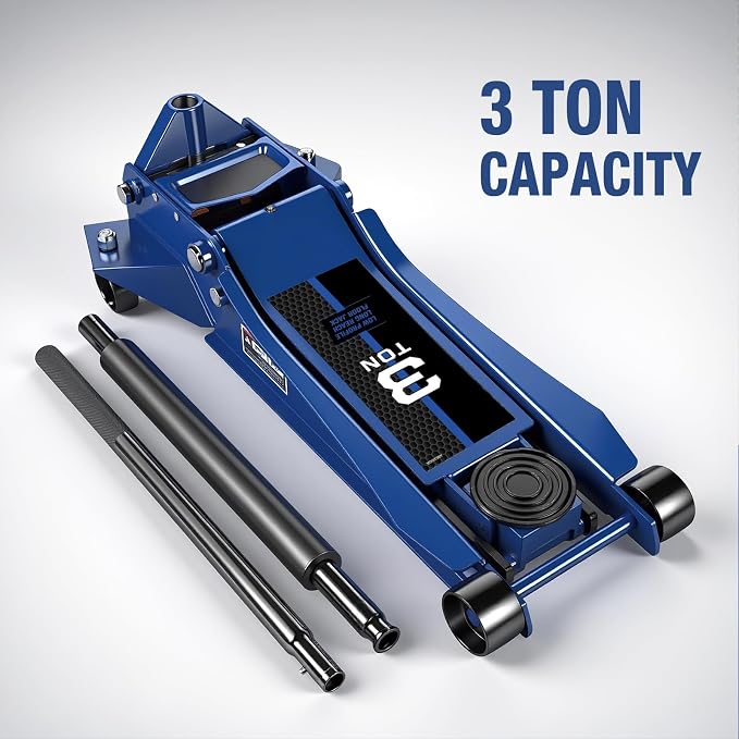 3 Ton Floor Jack Extra Long Reach Low Profile Hydraulic Jack with Dual Piston Quick Lift Pump, for Home Garage & Professional Auto Shop Vehicle Maintenance, 6,600 LBS Load Capacity, Blue
