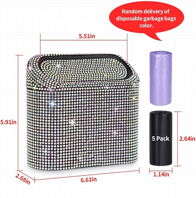 Car Trash Can with Lid, Bling Crystal Mini Vehicle Trash Bin Car Dustbin Garbage Organizer, Automotive Garbage Can Bin Trash Container for Auto Cars, Home, Office - Multicolor …